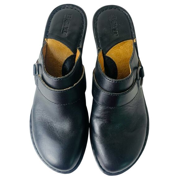 Born Size 9 Women's Black Leather Clog Mules Buckle Detail Heel Comfort - Picture 3 of 15